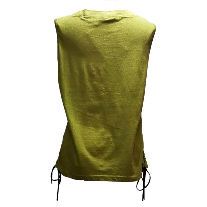 Olive green cotton tank vest with sleeveless design and black drawstrings featuring stitched flower appliqué details