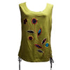 A vibrant olive green cotton tank vest with colorful embroidered floral and leaf appliqués in purple blue and red