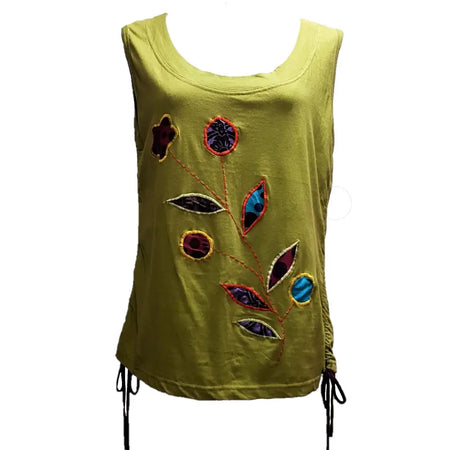 A vibrant olive green cotton tank vest with colorful embroidered floral and leaf appliqués in purple blue and red