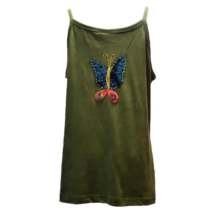 Olive green cotton vest with velvet texture featuring a colorful embroidered butterfly with blue wings and red flowers