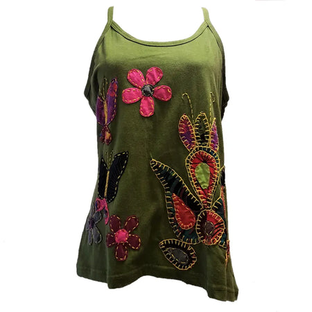 Olive green cotton sleeveless vest with pink purple red stitched flowers and butterflies embroidery