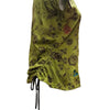 A vibrant olive green cotton tank vest with embroidered flowers and a ruched side tie detailing