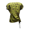 A lime green cotton tank vest with embroidered flowers and black vine pattern featuring adjustable drawstrings