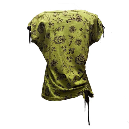 A lime green cotton tank vest with embroidered flowers and black vine pattern featuring adjustable drawstrings