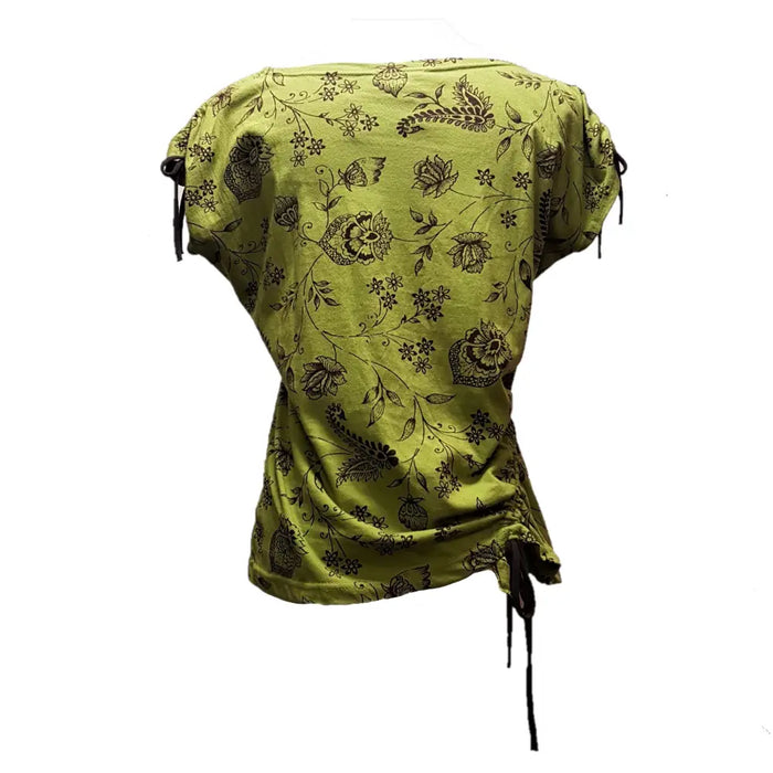 A lime green cotton tank vest with embroidered flowers and black vine pattern featuring adjustable drawstrings