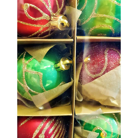 Green and red shatterproof glass Christmas baubles with gold glitter swirls and metallic caps set of 9