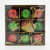 Set of nine green and red shatterproof glass christmas baubles with gold glitter swirls and metallic caps