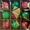 Green and red shatterproof glass christmas baubles with gold glitter swirls and metallic caps set of 9