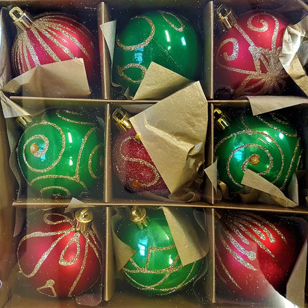 Green and red shatterproof glass christmas baubles with gold glitter swirls and metallic caps set of 9