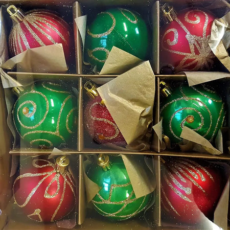 Green and red shatterproof glass christmas baubles with gold glitter swirls and metallic caps set of 9