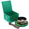 Green tara singing bowl set 10cm with black interior gold rim and intricate tibetan script and patterns