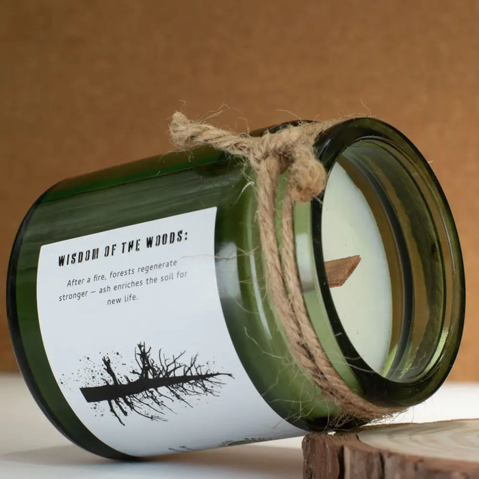 Green glass jar woodwick soy candle with white label black text tree illustration tied with natural twine