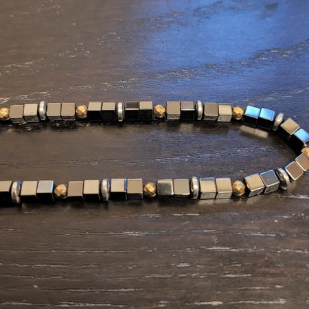 Grey and gold finish hematite block beaded necklace with magnetic cube design and gold finish faceted accent beads