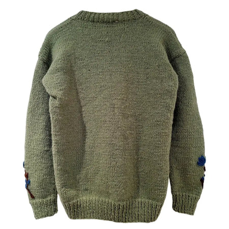 Olive green wool knitted cardigan with embroidered floral details on the cuffs in a 100% wool knitted design