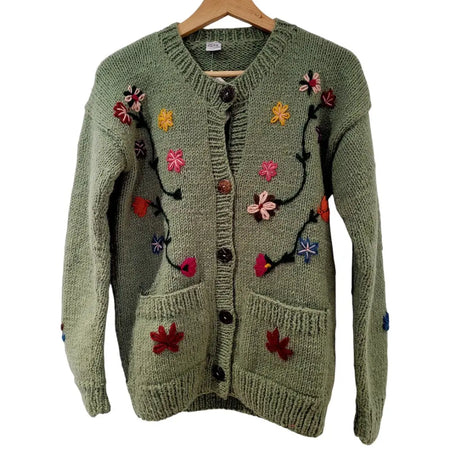 Olive green wool knitted cardigan with colorful embroidered flowers vines dark brown buttons and two patch pockets