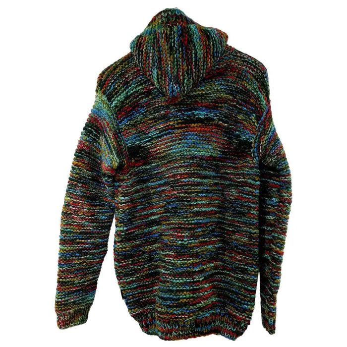 Gringo fairtrade chunky wool hoodie with multicolored green blue red and brown marled knit pattern