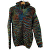 A cozy wool hoodie with multicolored blue green red and yellow knit pattern from gringo fairtrade