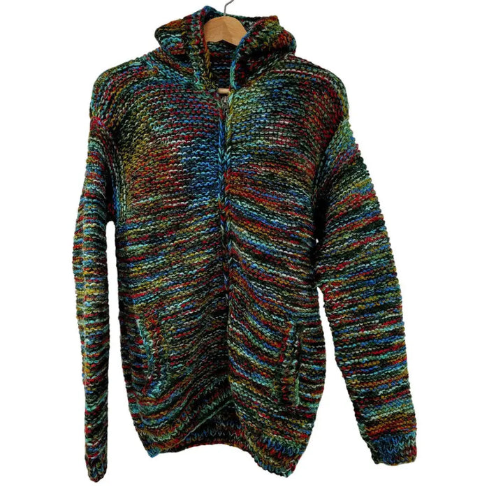 A cozy wool hoodie with multicolored blue green red and yellow knit pattern from gringo fairtrade