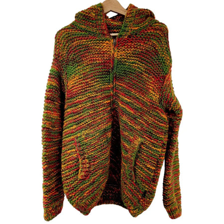 A cozy hand knitted wool hoodie with green orange and red stripes made by gringo fairtrade