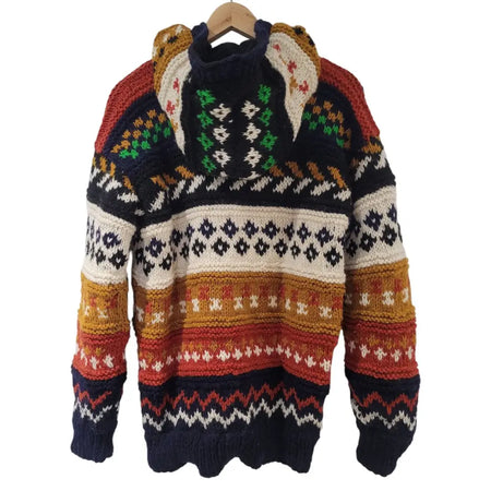 Gringo fairtrade wool knitted jacket with hood in navy cream orange green featuring fair trade wool and fleece lining
