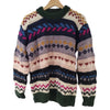 A gringo fairtrade wool jumper with a colorful geometric pattern and ribbed cuffs in navy blue cream pink and mustard yellow