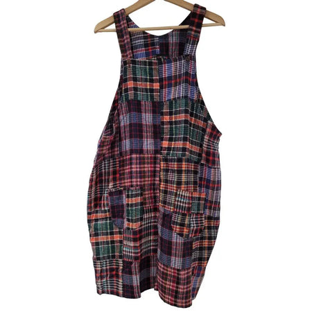 Gringo fairtrade brushed cotton pinafore dress in patchwork plaid with red green blue and black tones and multiple pockets