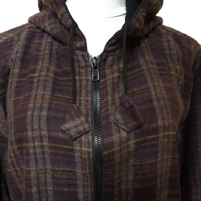 Dark brown and black plaid brushed cotton gringo fairtrade hooded jacket with zipper and front pockets