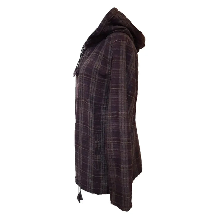 Dark brown plaid hooded jacket with drawstring hem and neckline made from brushed cotton by gringo fairtrade