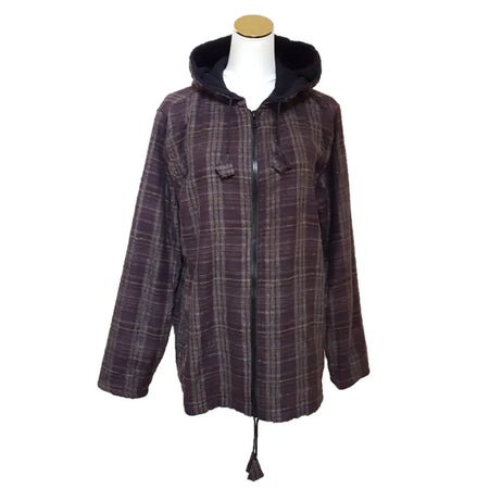 Dark purple and gray plaid brushed cotton gringo fairtrade hooded jacket with black fleece lining and zip-up front