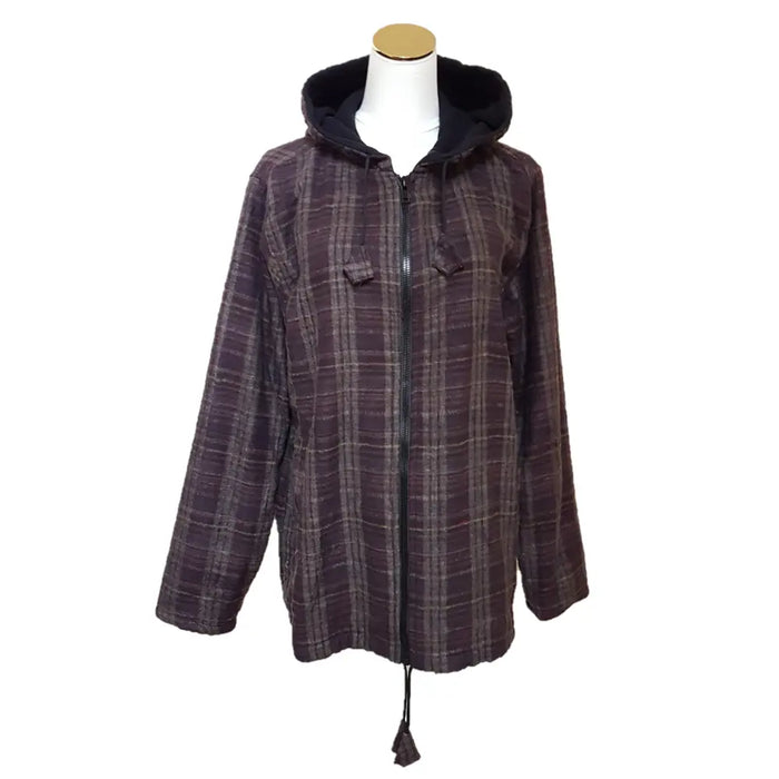 Dark purple and gray plaid brushed cotton gringo fairtrade hooded jacket with black fleece lining and zip-up front