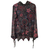 Black long-sleeved hooded top with pink and blue floral circle print by gringo fairtrade made from soft fabric