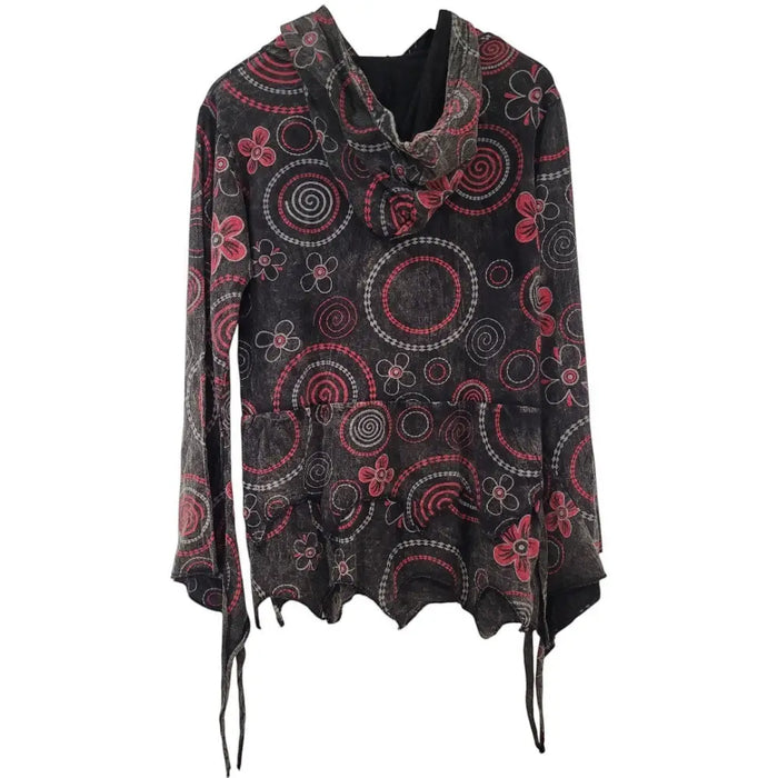 Black long-sleeved hoodie with pink and white floral spirals ruffled hem and drawstrings gringo fairtrade circle print