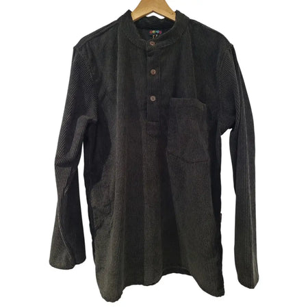 Black corduroy grandad shirt with mandarin collar and three buttons from gringo fairtrade