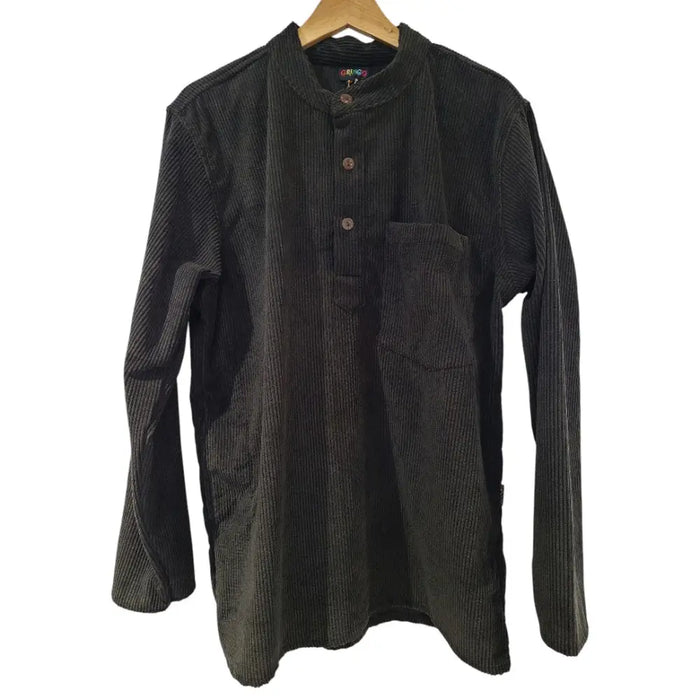 Black corduroy grandad shirt with mandarin collar and three buttons from gringo fairtrade