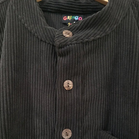 Black corduroy grandad shirt with brown buttons and gringo label made from fairtrade cotton