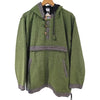 Green gringo fairtrade cotton hoodie with fleece lining and black and white striped trim on cuffs pockets and hem