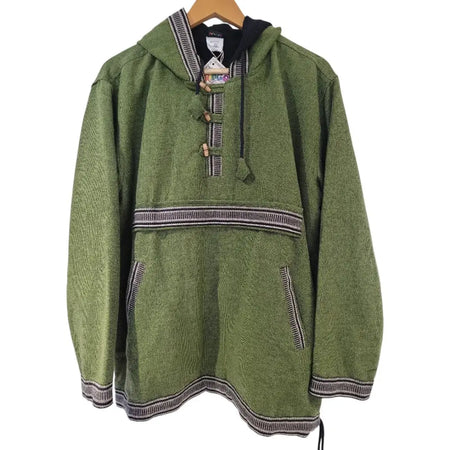Green gringo fairtrade cotton hoodie with fleece lining and black and white striped trim on cuffs pockets and hem