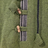 Green cotton fleece-lined hoodie with wooden toggles and black and white woven stripe detail by gringo fairtrade