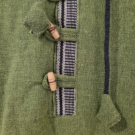 Green cotton fleece-lined hoodie with wooden toggles and black and white woven stripe detail by gringo fairtrade