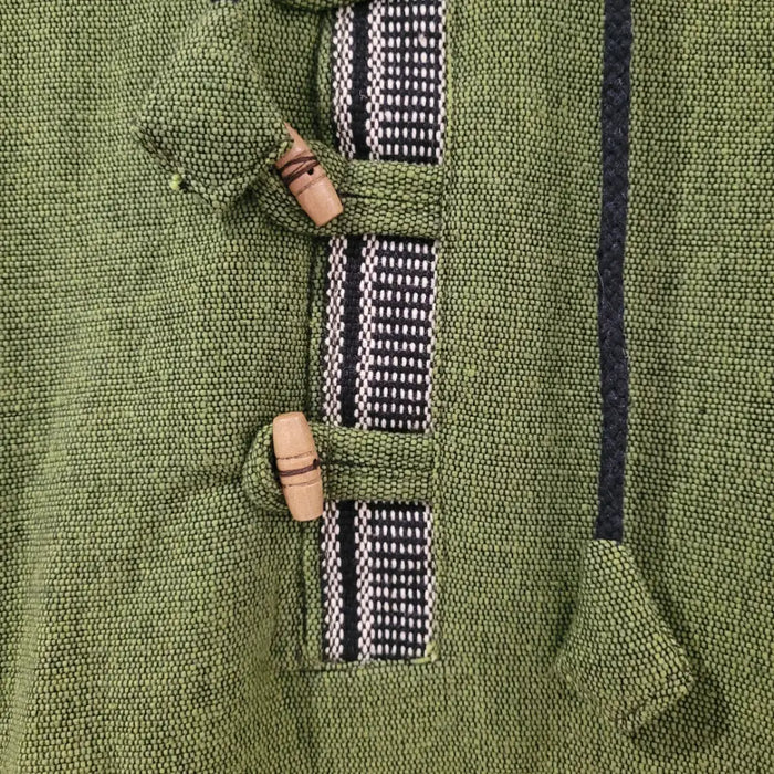 Green cotton fleece-lined hoodie with wooden toggles and black and white woven stripe detail by gringo fairtrade