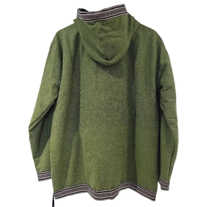 Green gringo fairtrade fleece-lined cotton hoodie with textured fabric and black white striped trim on collar cuffs and hem