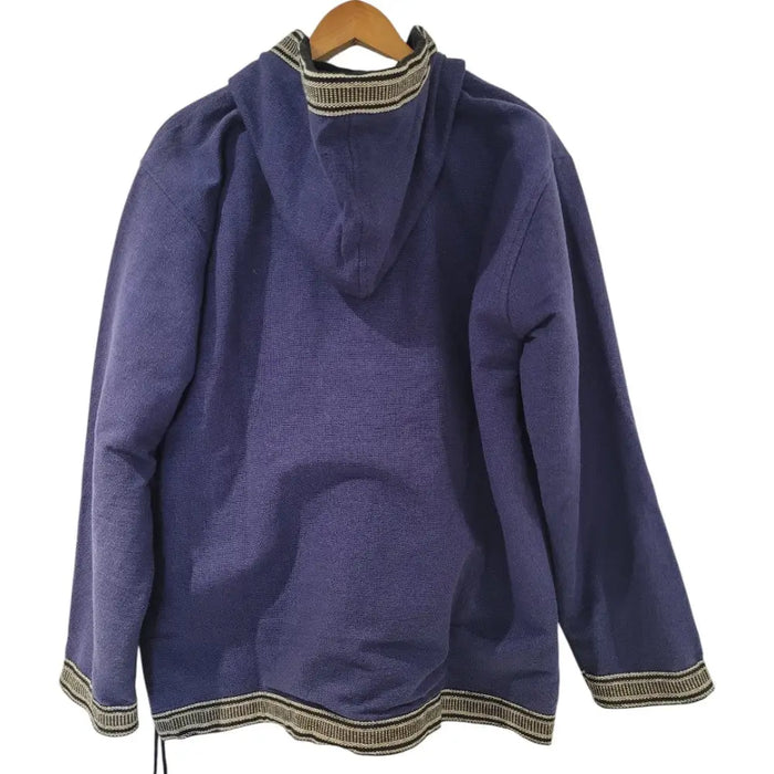 A deep purple gringo fairtrade fleece-lined cotton hoodie with textured knit fabric and woven trim details