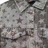 Gray star print denim jacket with distressed texture brown buttons by gringo fairtrade summer outerwear