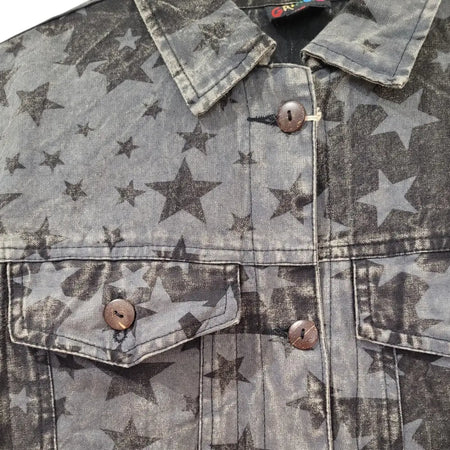 Gray star print denim jacket with distressed texture brown buttons by gringo fairtrade summer outerwear