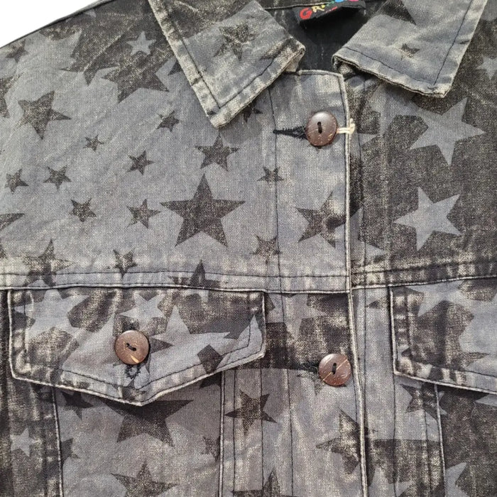 Gray star print denim jacket with distressed texture brown buttons by gringo fairtrade summer outerwear