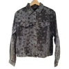 A dark gray denim gringo fairtrade jacket with faded star print and brown buttons called grey stonewashed summer jacket
