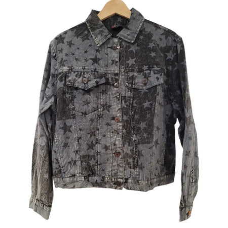 A dark gray denim gringo fairtrade jacket with faded star print and brown buttons called grey stonewashed summer jacket