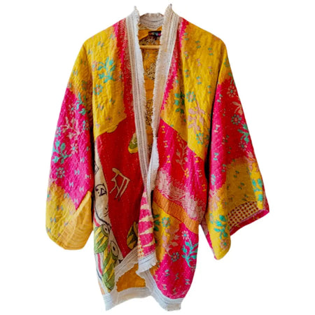 Gringo fairtrade kantha wide sleeve mid-length kimono in bold yellow pink and red with floral embroidery patches
