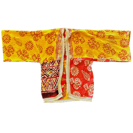 Gringo fairtrade yellow red kantha wide sleeve mid-length kimono jacket with floral and geometric embroidery