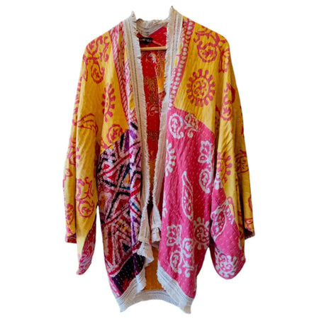 Vibrant yellow red kantha quilted kimono with wide sleeves and intricate embroidery mid-length style by gringo fairtrade